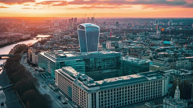 Stunning aerial sunset view of London cityscape with modern buildings and the River Thames, Aerial sunset view MI6 Building and London cityscape