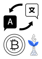 Bold arrows connecting text translations, Bitcoin currency symbol, and a lab flask with leaf growth. Ideal for innovation, sustainability, cryptocurrency, language exchange, technology, financial