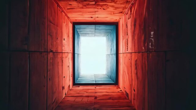 View from inside a newly constructed concrete elevator shaft showcasing light above, The view from inside a newly built concrete elevator shaft as it lifts from the ground up