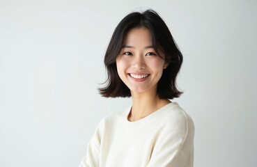 Portrait of beautiful young asian woman smiling on white background. Happy, cheerful face expression. Korean, japanese beauty with short black hair. Positive emotions. Perfect white teeth. Headshot.