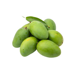 Obraz premium Cluster of Green Unripe Mangoes Isolated on Transparent Background. Green mangoes cluster of unripe fruit isolated on transparent background