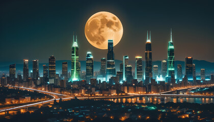 Fototapeta premium Smart City Skyline with Digital Connectivity Overlay