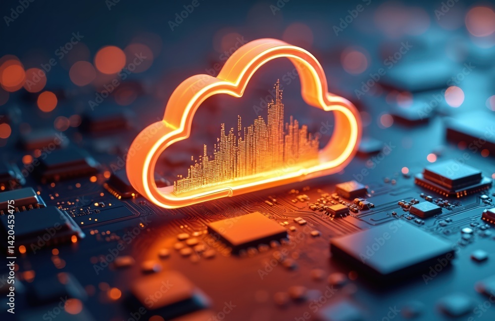 Poster glowing cloud symbol digital backdrop represents cloud computing, data storage tech. cloud graphic i