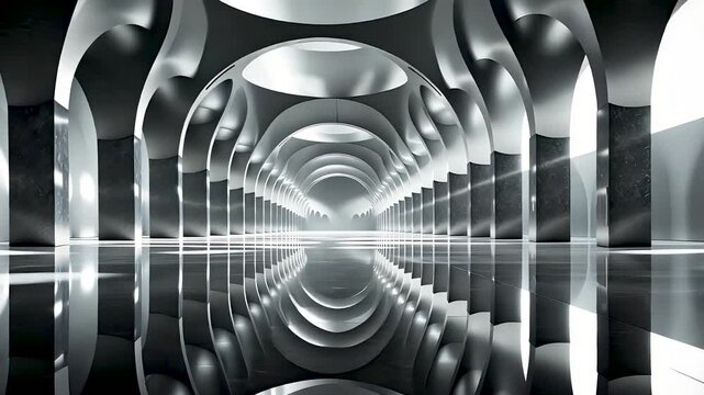 Futuristic metallic sci-fi tunnel with glowing light reflections and symmetry