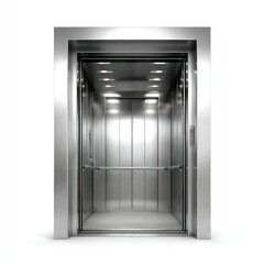 A modern, silver metal elevator with closed doors, isolated on a clean white background.
