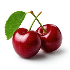 A pair of fresh, ripe red cherries with a stem and leaf, isolated on a clean white background