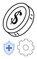Obraz premium Dollar coin outlines financial focus, shield symbolizes healthcare protection, gear indicates operational processes. Ideal for finance, savings, healthcare, security, business strategy, risk