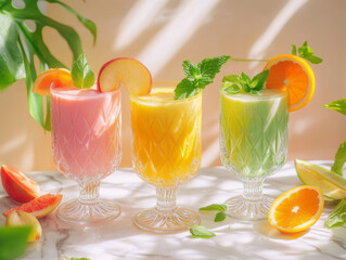 Three Vibrant Smoothie Glasses in Pink and Yellow