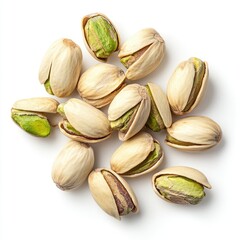 Close up shot of a pile of pistachios on a white background overhead view