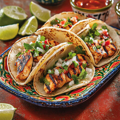 Three Vibrant Street Tacos Filled with Grilled Meat
