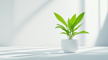A green potted plant in a minimalist white room, sunlight streaming through a window, creating soft shadows, and serene and modern interior design concept.