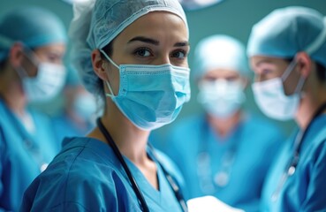 Team medical professionals work in surgical room, wearing blue scrubs, face masks. Doctor looks at camera, in focus, in sterile environment. Surgery concept, teamwork, healthcare pro work.