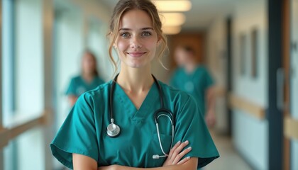 Smiling young medical student in green scrubs. Confident woman with stethoscope in hospital corridor. Healthcare worker in training for residency, internship, career. Nurse smiling, looking at camera.