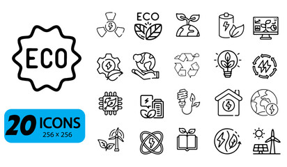 Set of 20 Eco and Green Energy Icons, Outline Style, 256x256 Pixels