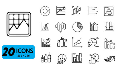 Set of 20 Chart and Graph Icons, Outline Style, 256x256 Pixels
