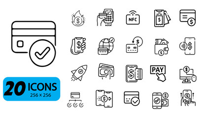 Set of 20 Online Payment and E-commerce Icons, Outline Style, 256x256 Pixels