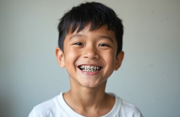 Smiling boy with braces against simple backdrop. Happy young male child smiles with dental work. Orthodontic care, braces for perfect teeth, oral health concept.