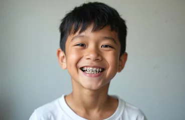 Foto auf Acrylglas Zahnärzte Smiling boy with braces against simple backdrop. Happy young male child smiles with dental work. Orthodontic care, braces for perfect teeth, oral health concept.  © Viktor