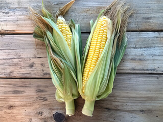Two Golden-Yellow Corn Cobs with Green Husks