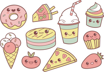 Kawaii Food PNGs for Design Projects. Kawaii Food Art for Crafting Ideas. Clipart of Cute Kawaii Food Faces. Kawaii Food Design Assets for Creators. Printable Kawaii Food Sticker Art. Kawaii Food Clip