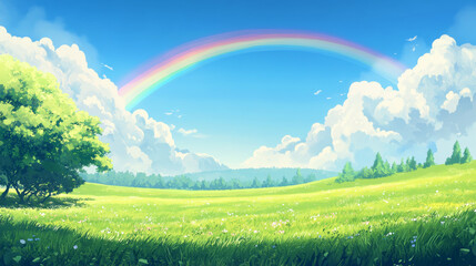 Vast Green Meadow Under a Vibrant Rainbow
