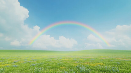 Vast Green Meadow Under a Vibrant Rainbow