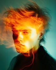 A stylized portrait of a young man with vibrant, fiery hair and an ethereal glow. The background features a gradient of cool colors, creating a striking contrast with the warm tones of the hair.