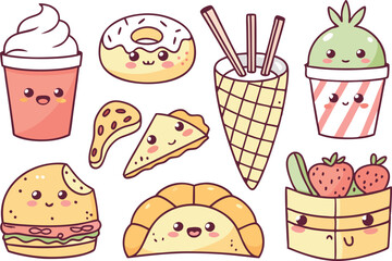 Kawaii Food PNGs for Design Projects. Kawaii Food Art for Crafting Ideas. Clipart of Cute Kawaii Food Faces. Kawaii Food Design Assets for Creators. Printable Kawaii Food Sticker Art. Kawaii Food Clip