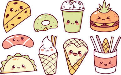 Kawaii Food PNGs for Design Projects. Kawaii Food Art for Crafting Ideas. Clipart of Cute Kawaii Food Faces. Kawaii Food Design Assets for Creators. Printable Kawaii Food Sticker Art. Kawaii Food Clip