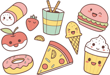 Kawaii Food PNGs for Design Projects. Kawaii Food Art for Crafting Ideas. Clipart of Cute Kawaii Food Faces. Kawaii Food Design Assets for Creators. Printable Kawaii Food Sticker Art. Kawaii Food Clip