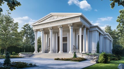 Mansion with ancient Greek inspired pillars and trim detailing high resolution picture