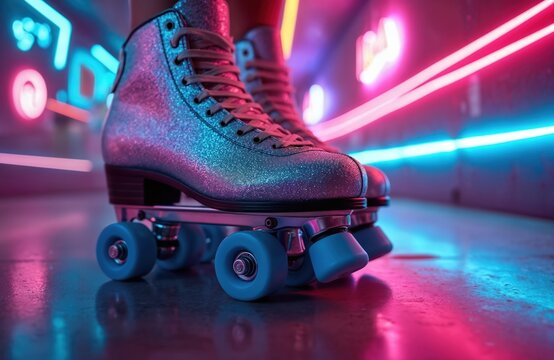 Dazzling silver glitter roller skate on retro rink floor illuminated neon lights. Shiny skating disco sport equipment for fun leisure hobby recreation, vibrant nightlife entertainment. Active - Powered by Adobe