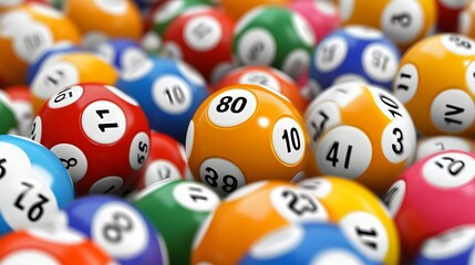 pile of lottery balls in various colors. Numerous numbered bingo balls. a realistic  backdrop
