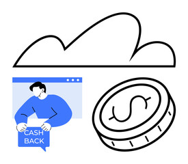 Cloud graphic, man holding cashback message, large coin symbol. Ideal for finance, savings, cashback, digital payment, online services, e-commerce simple landing page