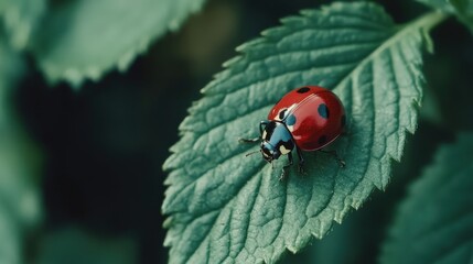 Fototapeta premium A red ladybug rests gracefully on a vibrant green leaf