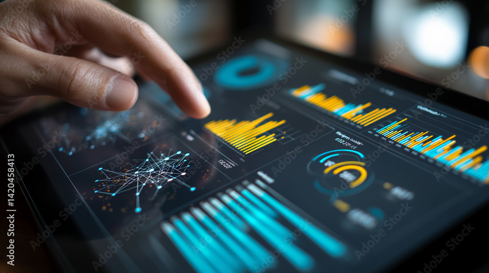 Poster close-up of a finger interacting with a tablet displaying graphs and charts, showcasing data analysi