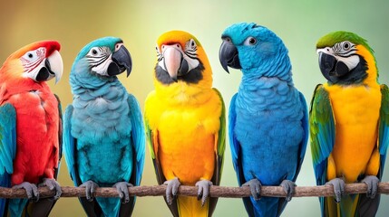 Obraz premium Five colorful macaws perching on a branch