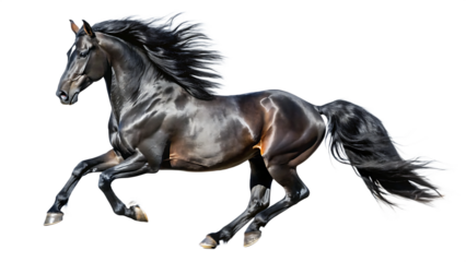 Majestic black friesian horse galloping freely isolated on white background
