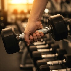 Close up hand holding dumbbell on floor in gym with woman background. Object goal weightlifting bodybuilding.