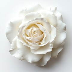 A close up of a single white rose with delicate petals against a plain white background creating contrast