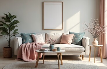 Cozy living room interior design with mockup poster frame above sofa. Modern home decor with pillows, blanket, round coffee table, plant, accessories. Home interior template.