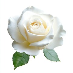 A close up of a single white rose with green leaves isolated on a white background in soft light