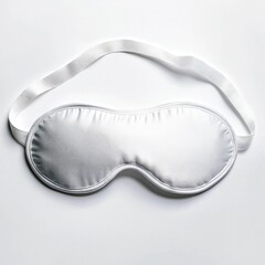 A silver sleep mask with a white elastic strap lying on a white surface in a studio setting close up