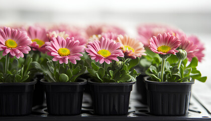 Fototapeta premium Vibrant flowers of different hues are arranged in pots on a shelf, showcasing