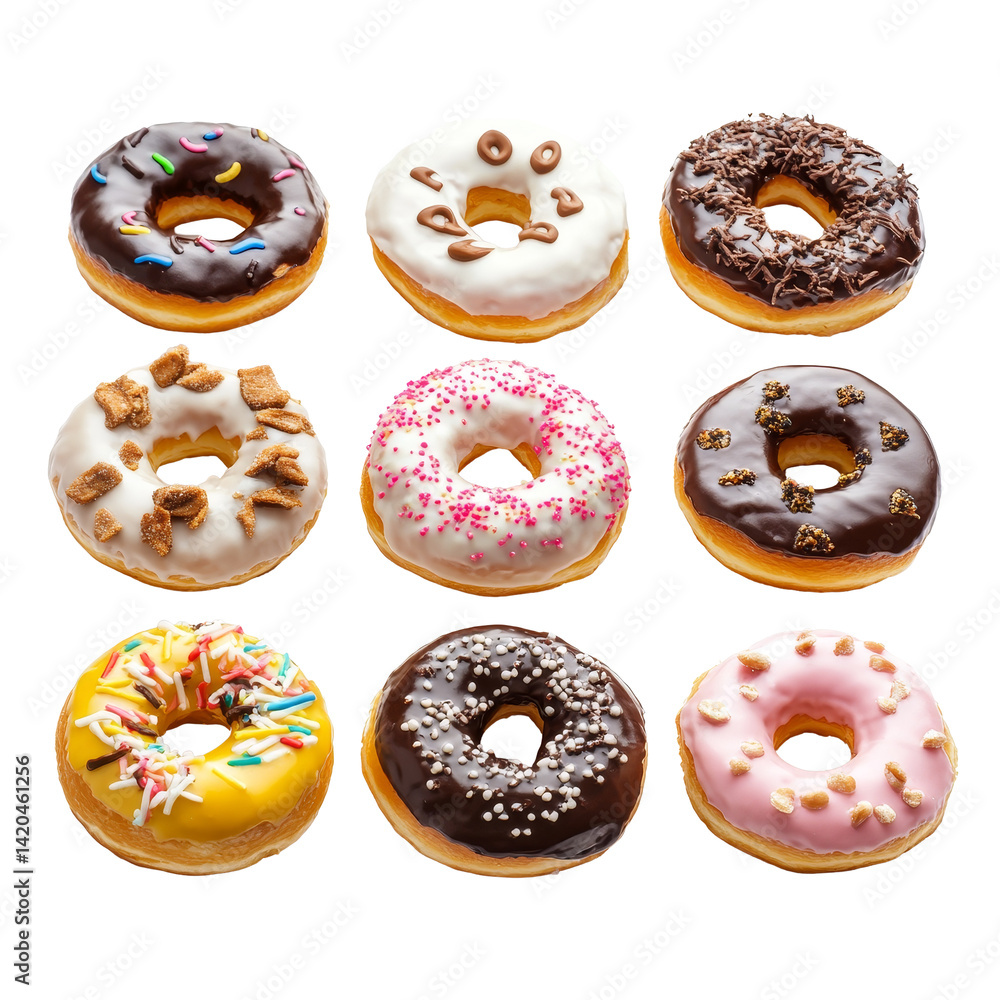 Poster assorted donuts featuring various toppings arranged on a transparent transparent background, assorte