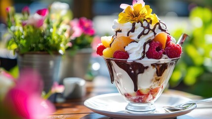 Elegant fruit sundae with whipped cream and chocolate drizzle on a sunny day