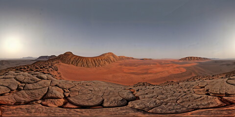 Full 360 degrees seamless spherical panorama HDRI equirectangular projection of serene Martian-like desert landscape. Texture environment map for lighting and reflection source rendering 3d scenes.
