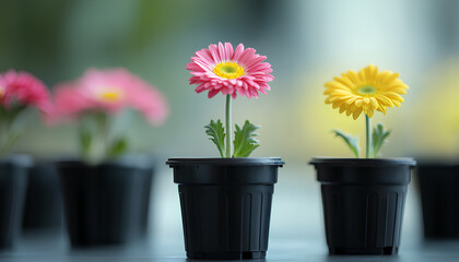 Vibrant flowers of different hues are arranged in pots on a shelf, showcasing