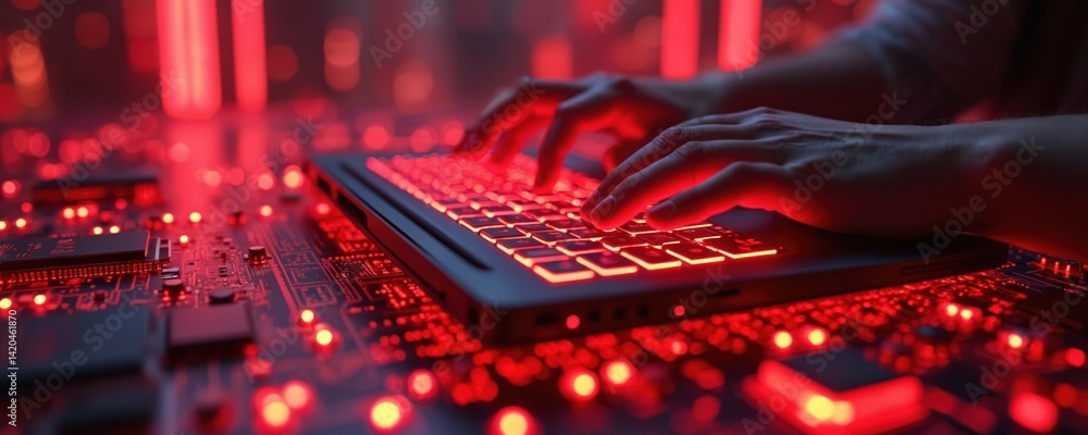 Aufkleber futuristic tech abstract red background. neon glowing laptop keyboard and computer parts. hands typi