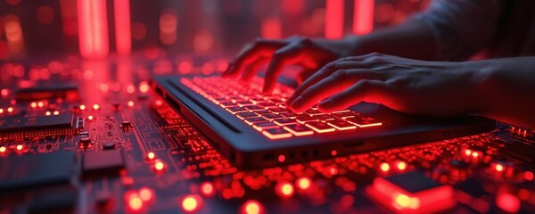 Futuristic tech abstract red background. Neon glowing laptop keyboard and computer parts. Hands typing on laptop keyboard. Circuit board with CPU. Software coding.